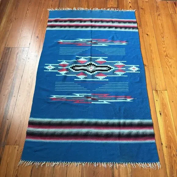 Vintage Chimayo Handwoven Wool Blanket Rug Beautiful Turquoise RARE 68
