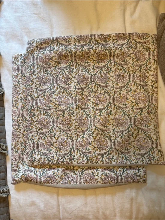 Floral Block Print Linen Cotton Pillow Covers (Set of 2) in Cream, Pink & Green