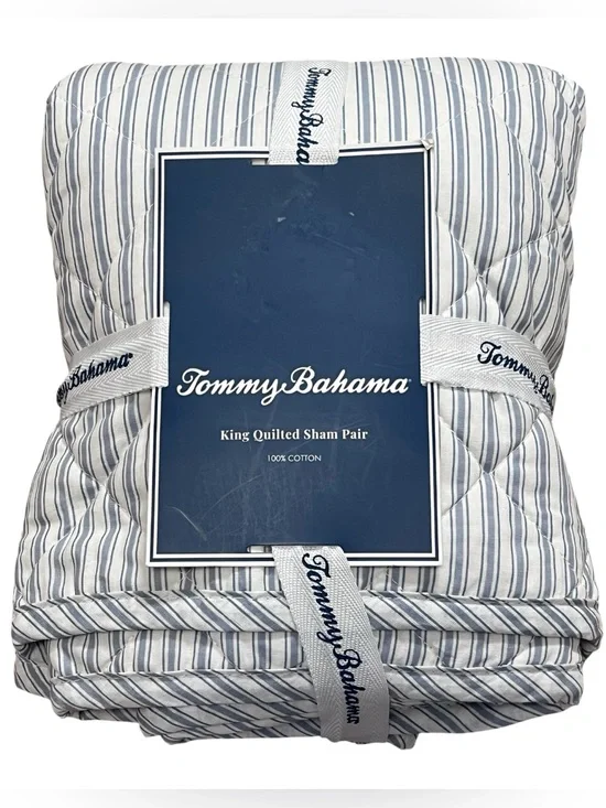 Tommy Bahama MAKENA Quilted 2 Shams KING Blue Stripe Coastal Nautical Farmhouse