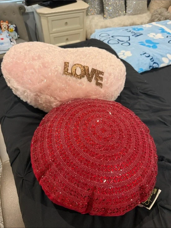 Pink Fuzzy 'LOVE' Heart Pillow & Red Beaded Round Cushion