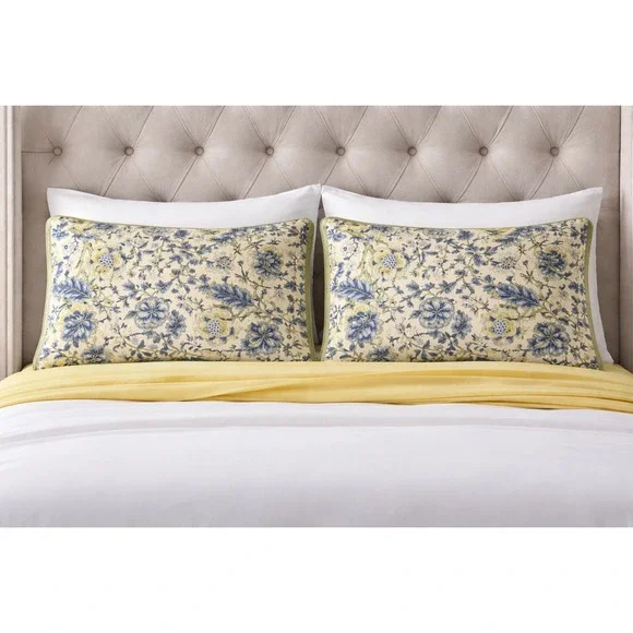 Waverly Floral Quilted‎ King Pillow Shams Blue Yellow French Country Botanical