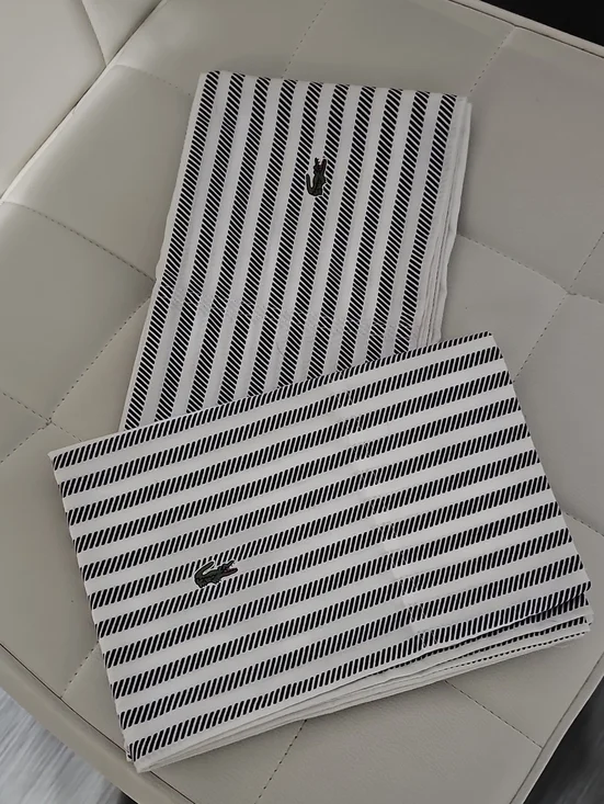 Lacoste Navy and White Striped Cotton Pillowcases with Crocodile Tag