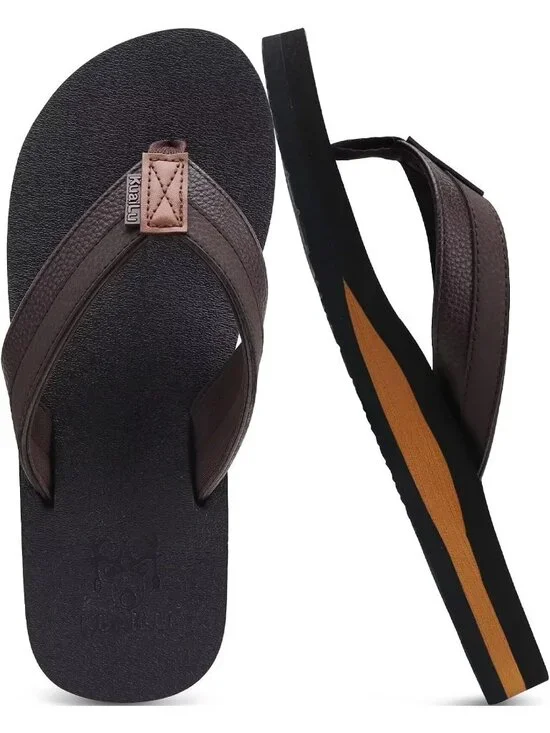 Men Dark Brown Yoga Mat Leather Flip Flops Slip On Indoor Outdoor Sandal Slipper