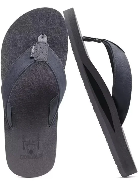 Mens Dark Grey Yoga Mat Leather Flip Flops Slip On Indoor Outdoor Sandal Slipper