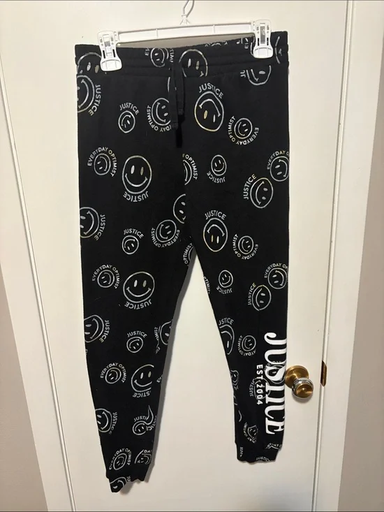 Justice Black Joggers with White Smiley Logo Print