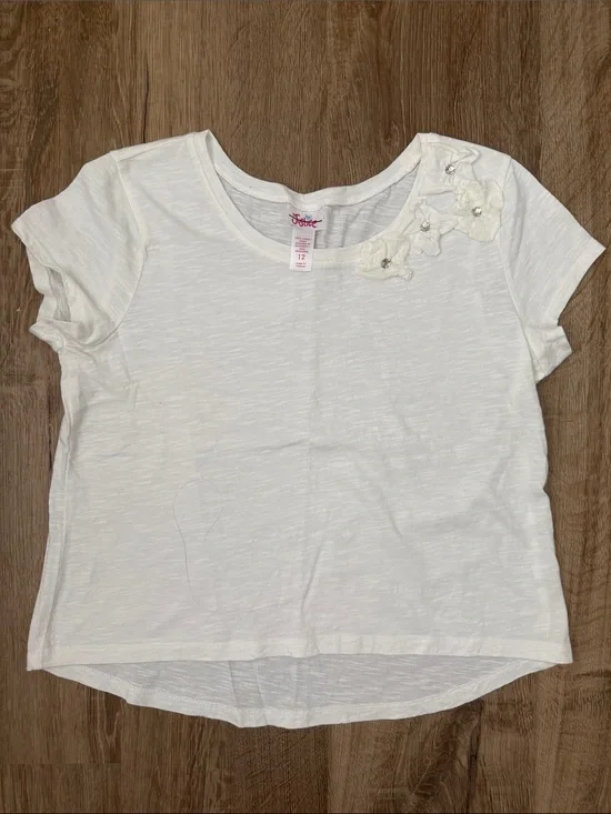 Justice White Short Sleeve Tee with Floral Appliqués, Size 12