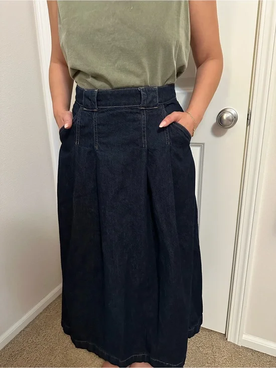 Madewell Dark Blue Denim Pleated Midi Skirt