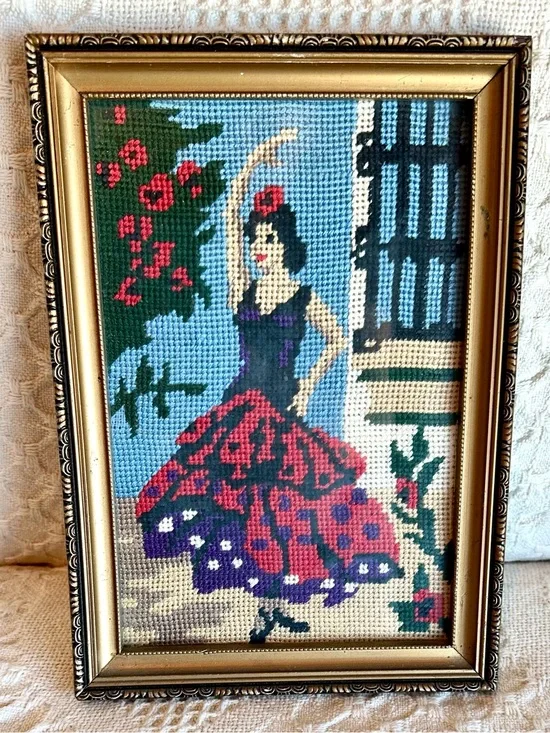 Vtg. 70's Needlepoint Tapestry Flamenco Dancer Gold Frame Wall Art Decor MCM
