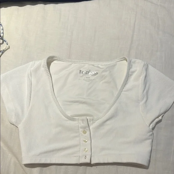 Frankie's Bikinis White Ribbed Scoop Crop Top with Buttons
