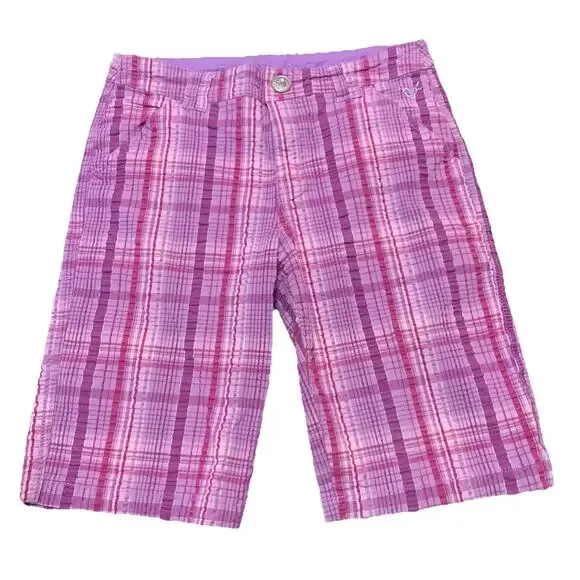 Justice Girls 14 Purple Plaid Bermuda Shorts Metallic Y2K