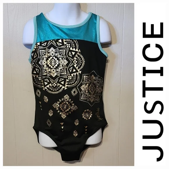 Justice Swimsuit One‎ Piece Black Blue Gold Swim Beach Size 10 A282
