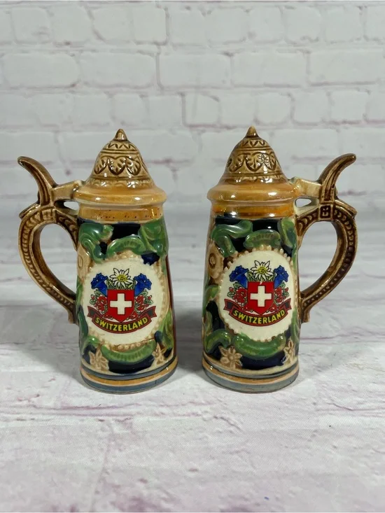 Vintage Switzerland Ceramic Beer Stein Salt and Pepper Shaker Pair