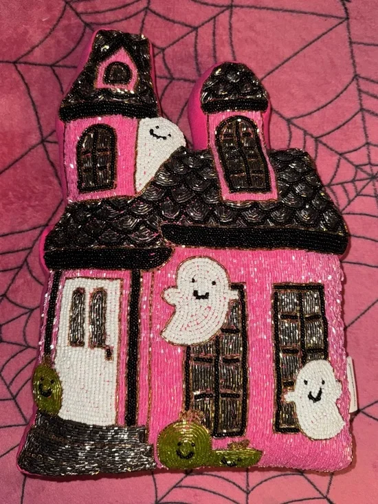 Cupcakes And Cashmere Pink Haunted House Beaded Pillow