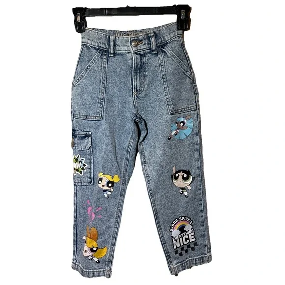 The Powerpuff Girls Justice Jeans Girls Sz 7 Easy Fit Acid‎ Wash Mom Cargo EUC