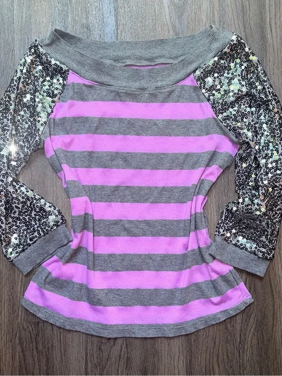 Justice Girls' Striped Sequin Sleeve Top - Gray & Purple 14