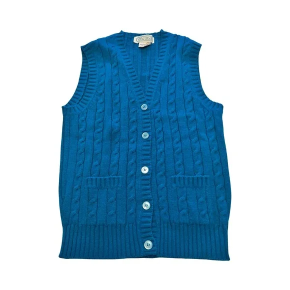 Vintage E.V. Ltd Blue Cable Knit Cardigan Vest‎ Womens Large V-Neck Button Front