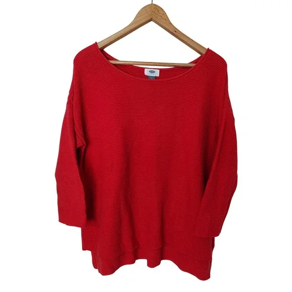 Old Navy Womens Red Garter Stitch Sweater 3/4‎ Sleeve Coastal Preppy Casual