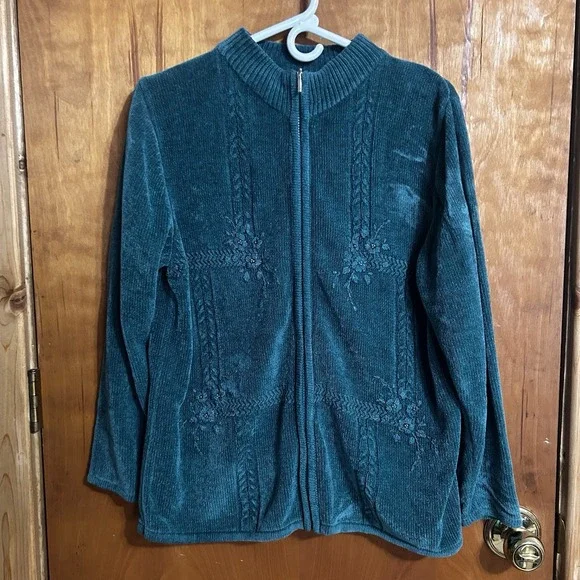 Jenny Vintage Sweater Womens L Green Floral Embroidered Cardigan‎ Cottagecore