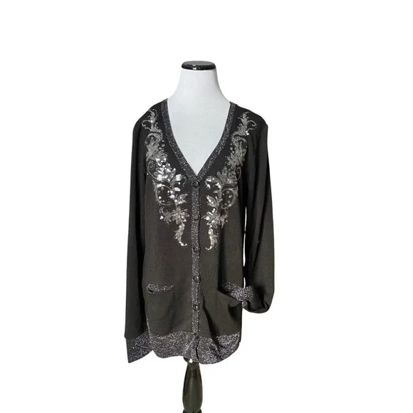 Y2K Miss Me Sequin Embroidered Cardigan Sweater‎ Size L Black McBling Soft Goth