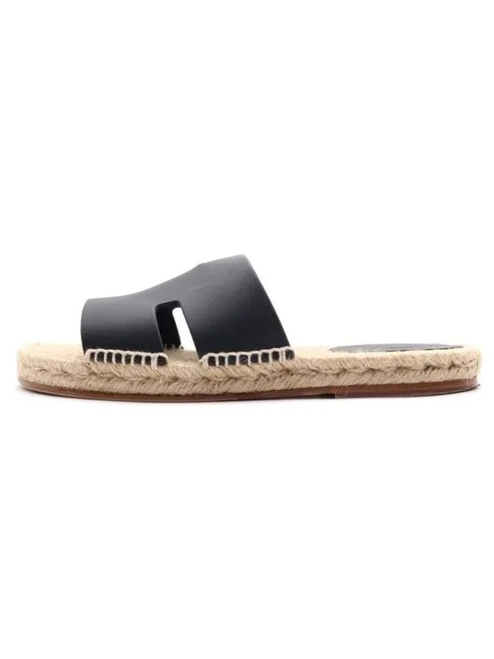 Hermes Antigua Leather Espadrilles Sandals Black