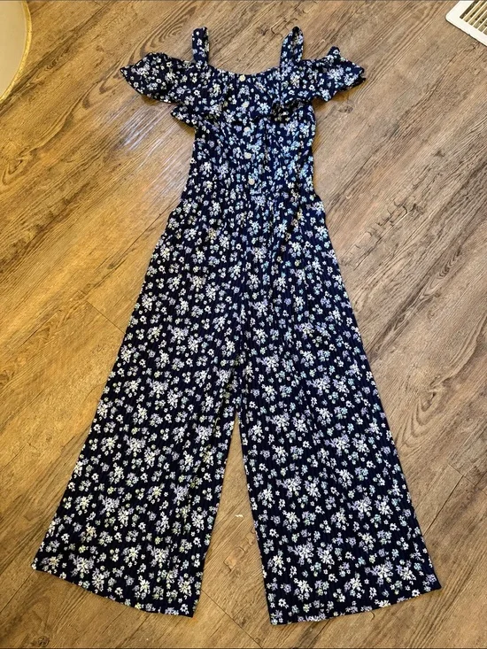 Justice Navy Floral Off-Shoulder Wide-Leg Jumpsuit with Straps