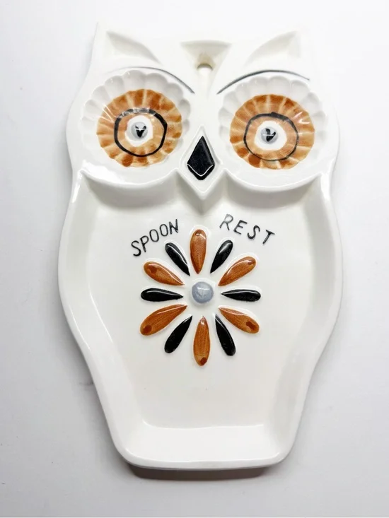Vintage MCM Hand Painted Ceramic Owl Spoon Rest