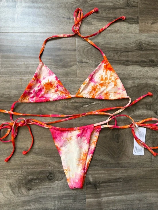 Frankie's Bikinis Tie-Dye Triangle Bikini Set in Pink, Orange, Cream