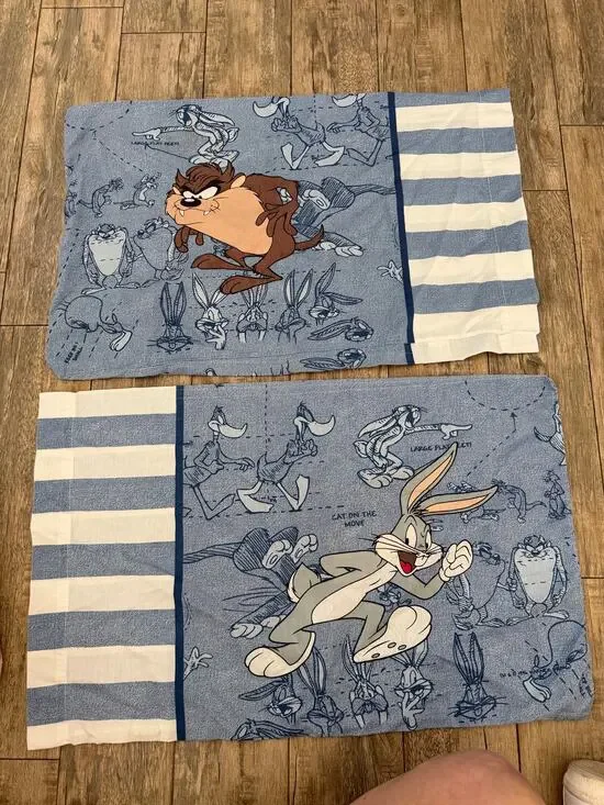 VTG The Bibb Company Pillowcases Blue White Bunny Tasmanian Devil Looney Tunes