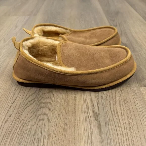 L.L. Bean Slipper Shoes Mens Size 12 Brown Suede Shearling Lined Moccasin Indoor