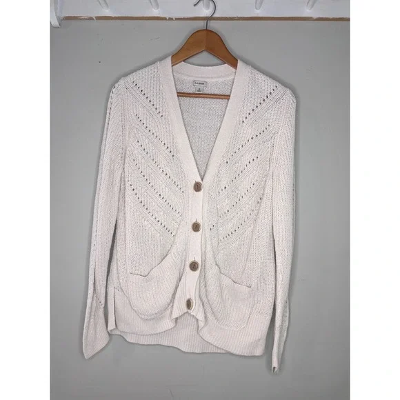 LL Bean Pointelle Cardigan Coastal Cottagecore Lightweight Layering Size M‎