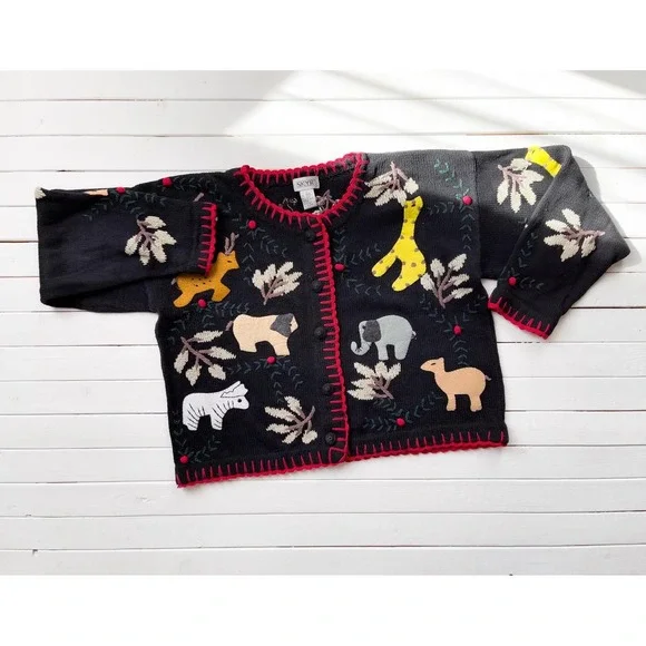 vtg SKYR black‎ embroidered felt animal patchwork cardigan sweater L