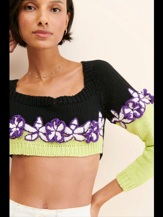 Mandinga Rose Crop Top Black And Lime Green Knit With‎ White And Purple Floral