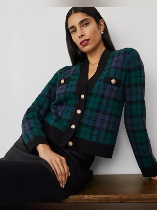 Ann‎ Taylor Blackwatch Plaid Cardigan Preppy Grandpa Country Club Academia