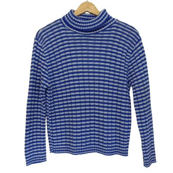 Vintage 1970s Womens Small Blue Striped Turtleneck Sweater Union‎ Made Retro USA