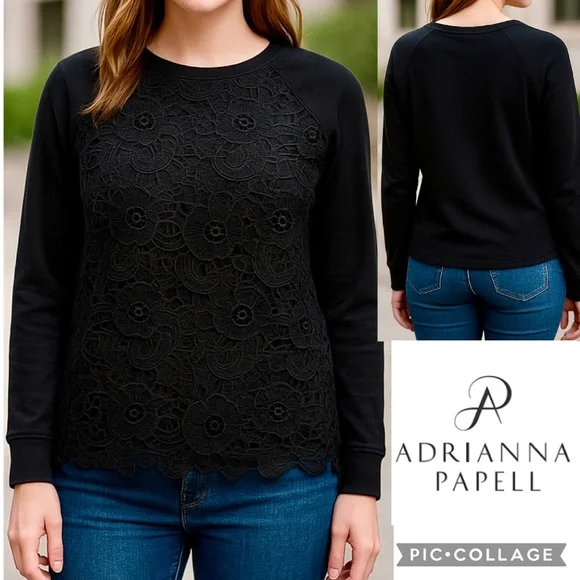 Adrianna Papell Black Lace Front‎ Pullover Sweatshirt Mixed Media Top Size M