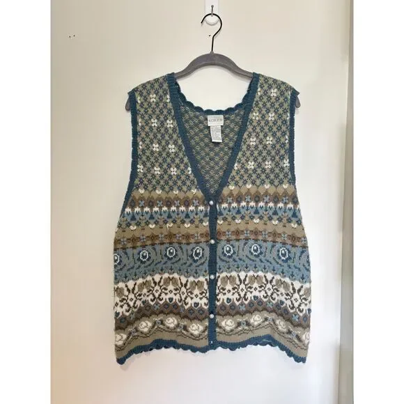 VTG Style Koret Fair Isle Sweater Vest Blue Tan Floral‎ Pearl Button M Academia