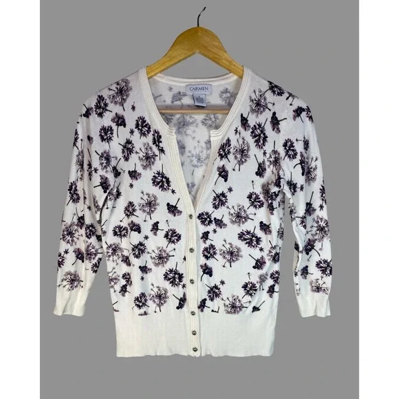 Carmen Marc Valvo Womens Floral‎ Snap Front Cardigan White Purple 3/4 Sleeve S