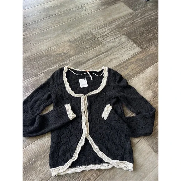 Free People Womens Cardigan XS Black Adelene Linen Crochet Pointelle Cottage Boh