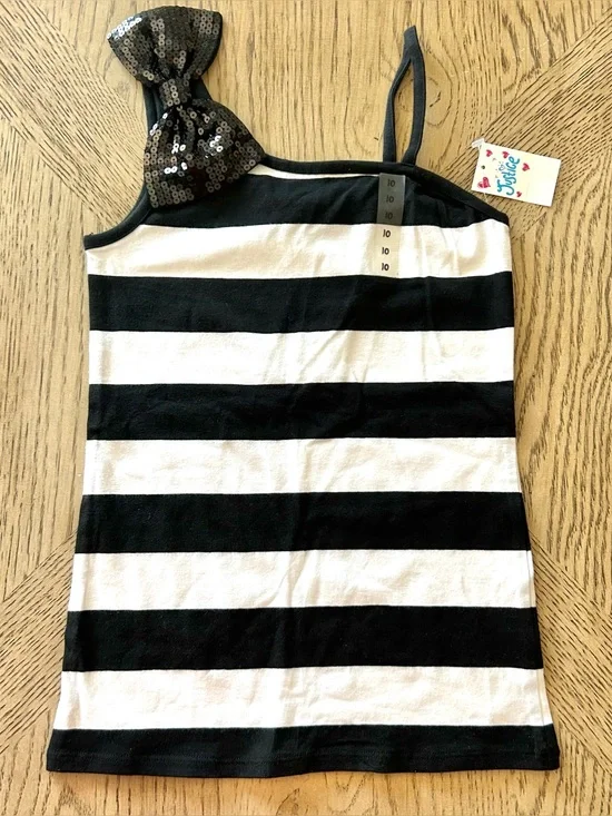Justice One Shoulder Top Black Sequin Trim Bold Stripes Size 10 NWT Vintage Glam