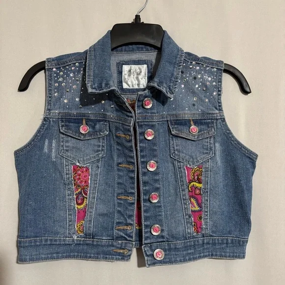 Justice size 14 Girls Embellished Denim Vest with Pink Accents Paisley Fabric
