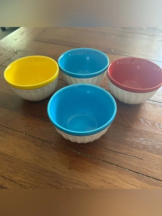 Starbucks 2007 Ceramic 12 ounce Ice Cream Bowls Yellow, Turquoise, and Red