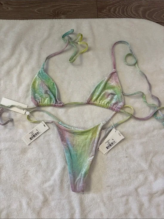 NWT Frankie’s Bikinis Tie-Dye Velvet Triangle Bikini Set - Pastel Multi