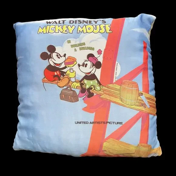 Vintage 1960s Disney Mickey Mouse Pillow Building A Building Throw RARE READ
