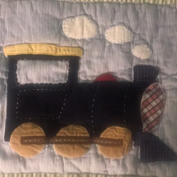 2 Pottery Barn Kids Appliqué Train Pillow  Shams Covers Blue Ticking Standard