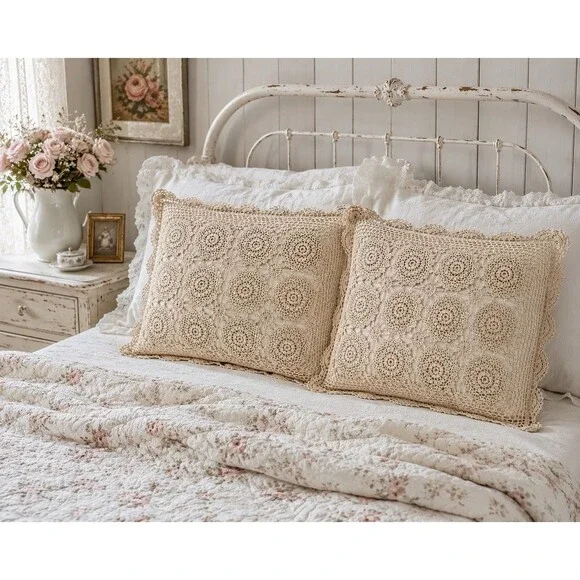 Pair of Vtg Ecru Crochet Cotton Standard Pillow Shams Cottage Shabby Chic