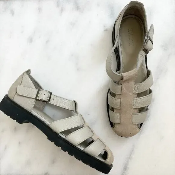 NEW Taft Buckled Cage Leather Mixed Media Fisherman Sandals Shoe Beige Tan 9