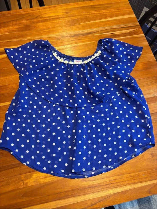 Girls Blue Polka Dot Daisy Top