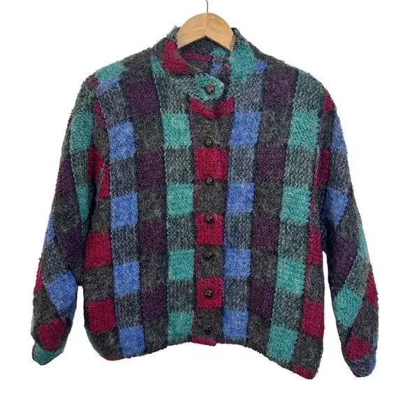 Doncaster woven mohair‎ wool soft sweater jacket Women 10 Check Print Cabincore