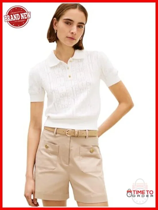 Short Sleeve Cotton Polo Sweater Pointelle Knit Cropped with Puff Sleeve