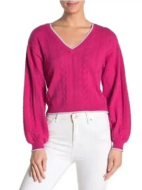 cupcakes & cashmere Carmine Pink ‎ V-Neck Cable Knit Sweater- NWT- retail 118